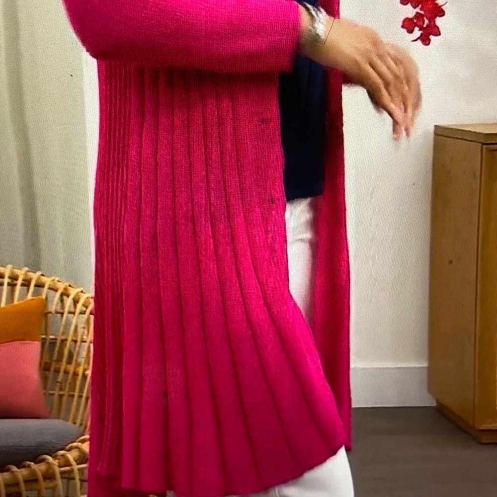 Nina Leonard Knit Long Cardigan Long Sleeve With Uneven Hem Bright Pink Size M - Picture 4 of 13